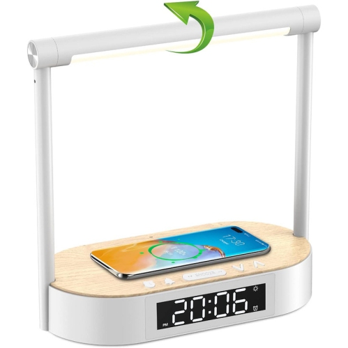 Bedside Lamp with Wireless Charger for All Qi Devices, 3 in 1 Touch Control Reading Light Rotatable 120°, Wake up Light Alarm Clock, 3 Brightness