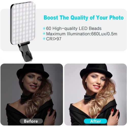 Selfie Light, 60 LED 2200mAh Rechargeable Cell Phone Fill Light 7 Modes, 10-Level Brightness, Portable Clip on Light