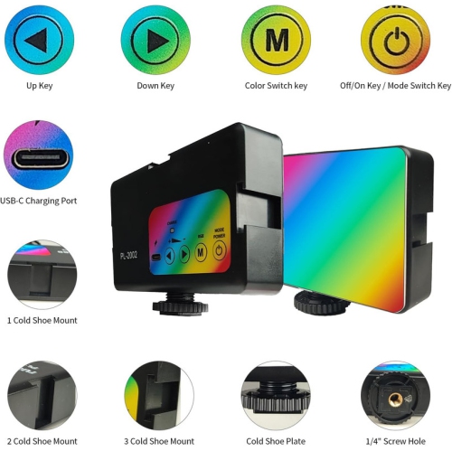 RGB Video Light Portable LED Camera Light for Photography with 3 Cold Shoe Mounts Studio Lights 2500K-7000K 1800mAh Rechargeable DSLR Lighting