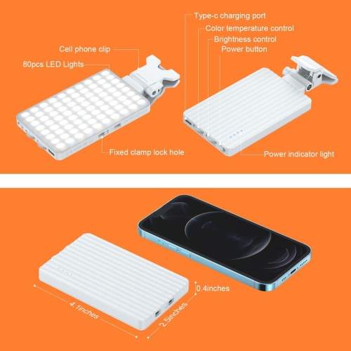 Phone Light with Cell Phone Clip, 80 LED Selfie Light for iPhone with 3 Lights and Infinite Adjustment Modes, 5000mAh Phone Light Clip