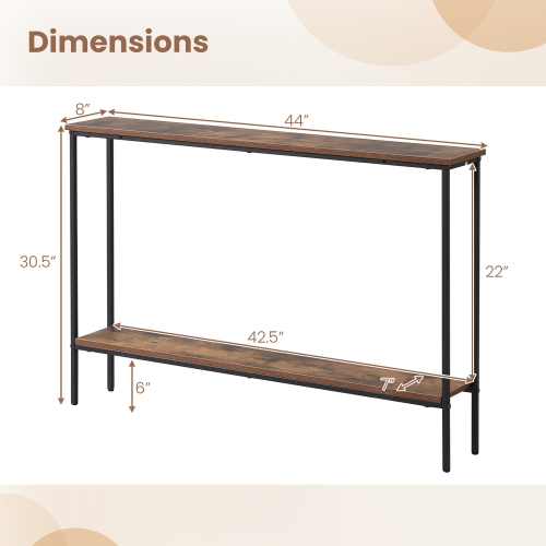 Gymax 44'' Narrow Entryway Table Console Table w/ Shelf & Dual Anti-Tipping Kits Brown & Black