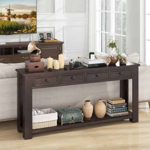 Gymax 63'' Farmhouse Entryway Table with 4 Storage Drawers and Open Shelf Espresso
