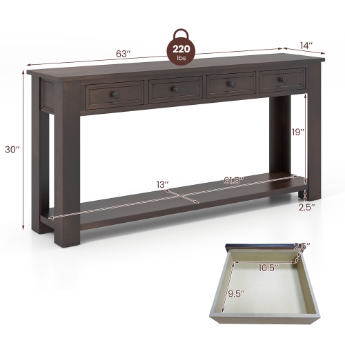 Gymax 63'' Farmhouse Entryway Table with 4 Storage Drawers and Open Shelf Espresso