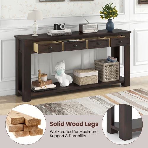 Gymax 63'' Farmhouse Entryway Table with 4 Storage Drawers and Open Shelf Espresso