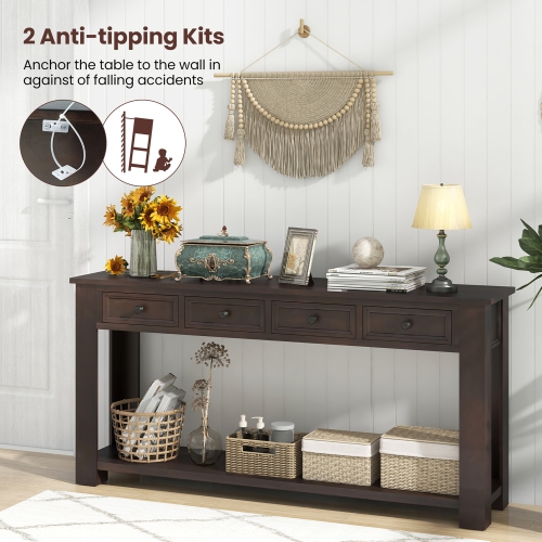 Gymax 63'' Farmhouse Entryway Table with 4 Storage Drawers and Open Shelf Espresso