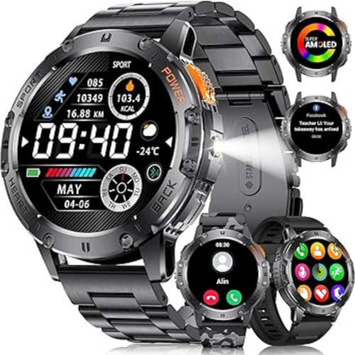 LIGE Military Smart Watch with Bluetooth Call,1.43" HD AMOLED Fitness Tracker with IP68 Waterproof 100+Sports Modes for Android iOS, 530mAh Smartwatc