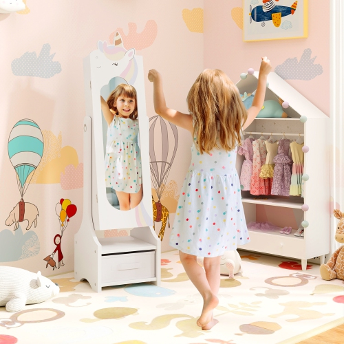 Gymax Kids Jewelry Cabinet w/ Full-Length Mirror 2 Adjustable Tilt Angles Drawer White