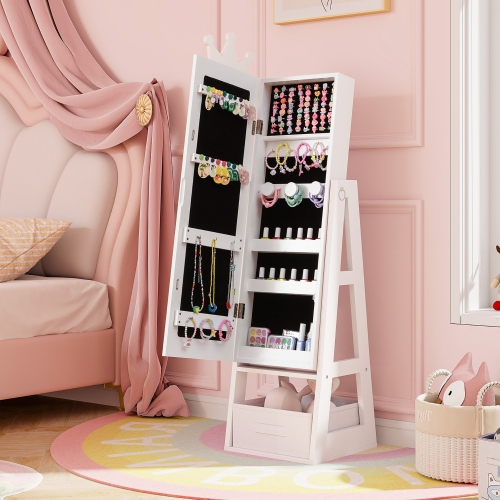 Gymax Kids Jewelry Cabinet w/ Full-Length Mirror Foldable Drawer Anti-toppling System