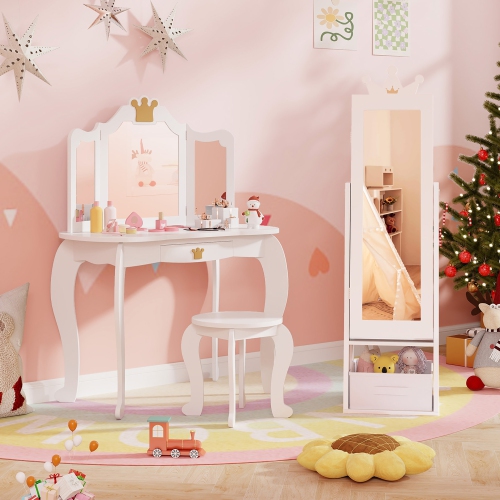 Gymax Kids Jewelry Cabinet w/ Full-Length Mirror Foldable Drawer Anti-toppling System