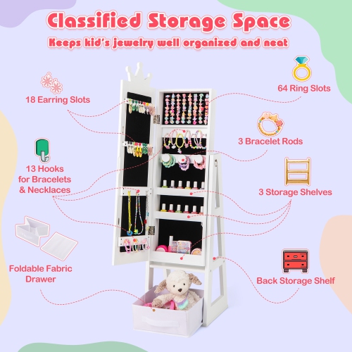Gymax Kids Jewelry Cabinet w/ Full-Length Mirror Foldable Drawer Anti-toppling System