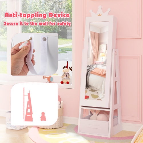Gymax Kids Jewelry Cabinet w/ Full-Length Mirror Foldable Drawer Anti-toppling System