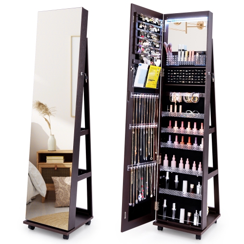 Gymax 64'' Jewelry Cabinet Armoire w/ 3-Color Lights Adjustable Shelves & Wheels