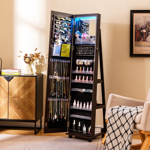 Gymax 64'' Jewelry Cabinet Armoire w/ 3-Color Lights Adjustable Shelves & Wheels