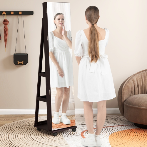 Gymax 64'' Jewelry Cabinet Armoire w/ 3-Color Lights Adjustable Shelves & Wheels