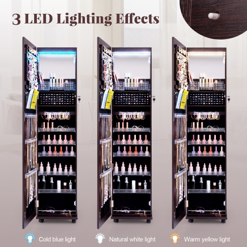 Gymax 64'' Jewelry Cabinet Armoire w/ 3-Color Lights Adjustable Shelves & Wheels