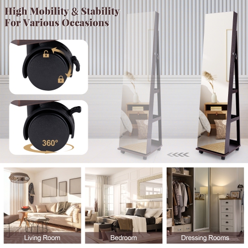 Gymax 64'' Jewelry Cabinet Armoire w/ 3-Color Lights Adjustable Shelves & Wheels