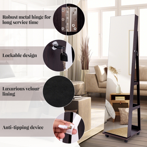 Gymax 64'' Jewelry Cabinet Armoire w/ 3-Color Lights Adjustable Shelves & Wheels