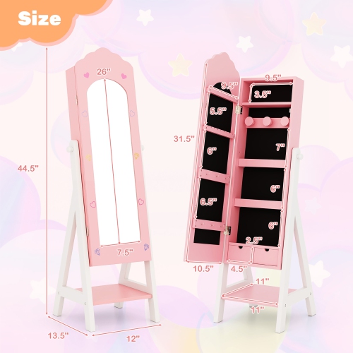 Gymax Kids Jewelry Cabinet Standing Children Jewelry Organizer w/ Full-Length Mirror Pink