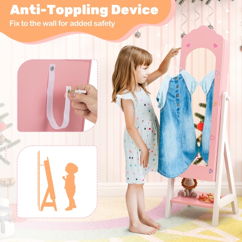 Gymax Kids Jewelry Cabinet Standing Children Jewelry Organizer w/ Full-Length Mirror Pink