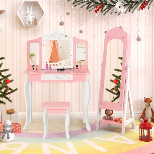 Gymax Kids Jewelry Cabinet Standing Children Jewelry Organizer w/ Full-Length Mirror Pink