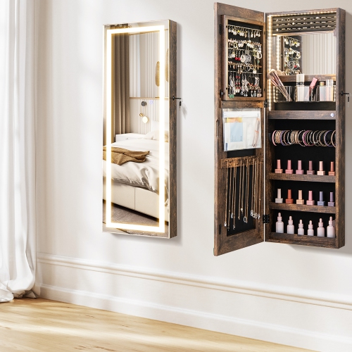 Gymax LED Mirror Jewelry Cabinet Wall/Door Mounted Organizer Armoire w/ 3 Color Light