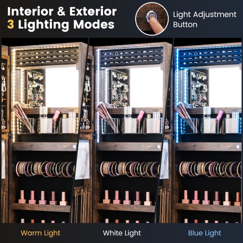 Gymax LED Mirror Jewelry Cabinet Wall/Door Mounted Organizer Armoire w/ 3 Color Light