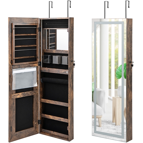 Gymax LED Mirror Jewelry Cabinet Wall/Door Mounted Organizer Armoire w/ 3 Color Light