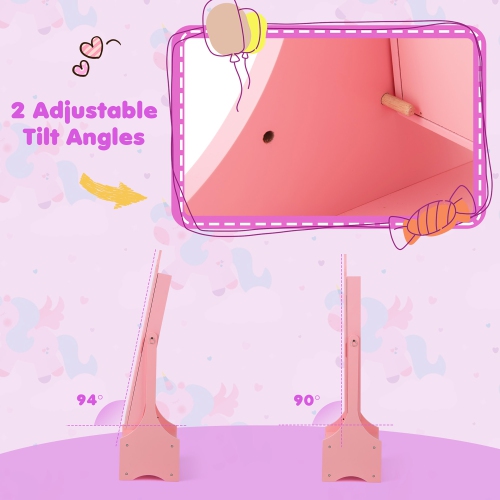 Gymax Kids Jewelry Cabinet w/ Full-Length Mirror 2 Adjustable Tilt Angles Drawer Pink