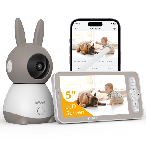 ieGeek 2K Baby Monitor , 360° AI & Cry Detection w/ 5" Wireless Display, Mobile APP Control & Non WiFi LCD Monitor,2 Way Audio,