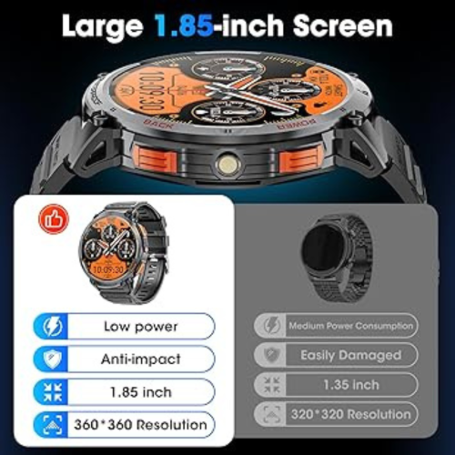 Military Smart Watch for Men 1.85" HD Touch Screen 730mAh Battery Smart Watches with LED Flashlight for Android iOS （Bluetooth Call Answer/Dial