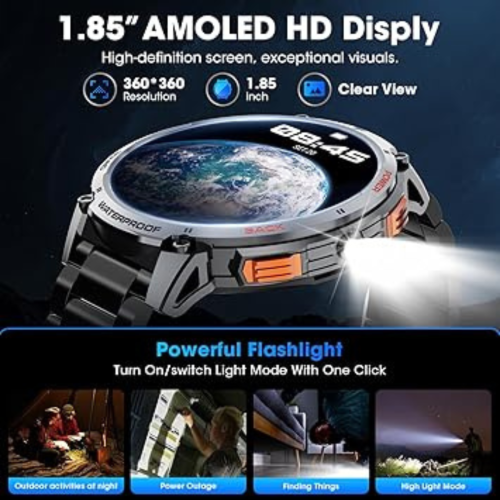 Military Smart Watch for Men 1.85" HD Touch Screen 730mAh Battery Smart Watches with LED Flashlight for Android iOS （Bluetooth Call Answer/Dial