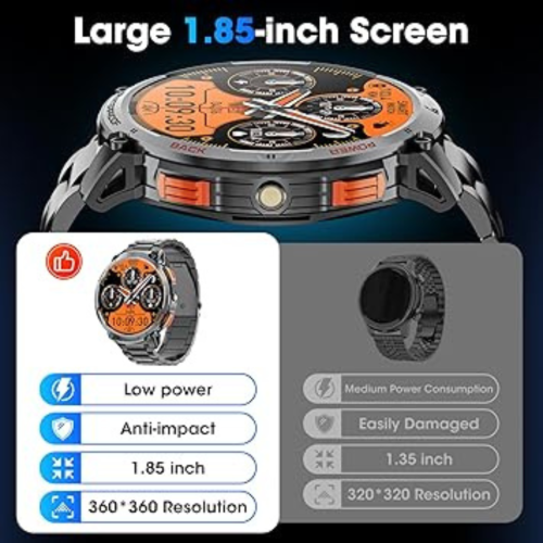 Military Smart Watch for Men 1.85" HD Touch Screen 730mAh Battery Smart Watches with LED Flashlight for Android iOS （Bluetooth Call Answer/Dial