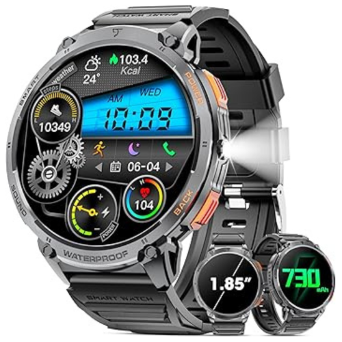 Military Smart Watch for Men 1.85" HD Touch Screen 730mAh Battery Smart Watches with LED Flashlight for Android iOS （Bluetooth Call Answer/Dial Calls