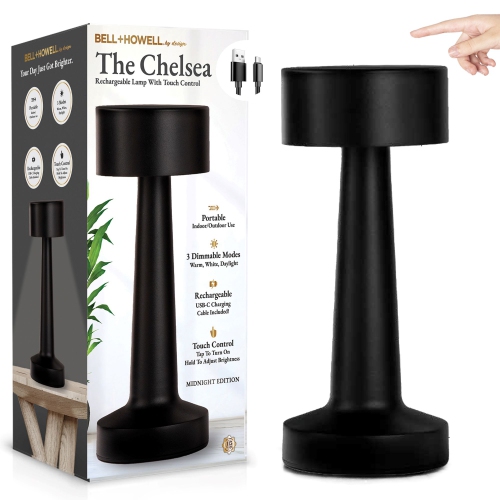 BELL HOWELL  Bell And Howell Chelsea Table Lamp Small Cordless Touch Led Rechargeable Lamp for Bedside Desk Nightstand Midnight In Black