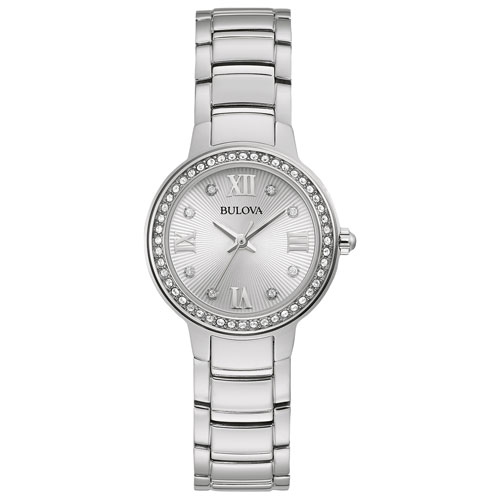 Bulova Ladies Crystal Quartz Watch 28mm Silver-Tone Stainless Steel Case and Bracelet with Silver-White Dial