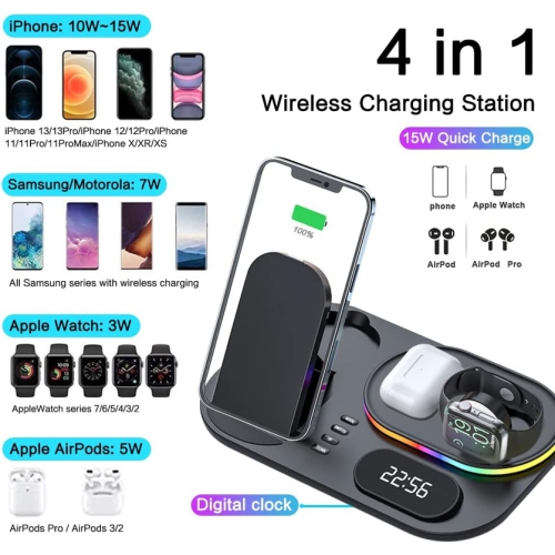 Wireless Charger, 4 in 1Wireless Charging Station, 15W Fast Charging Station Dock for Apple iWatch SE/6/5/4/3/2/1,AirPods Pro