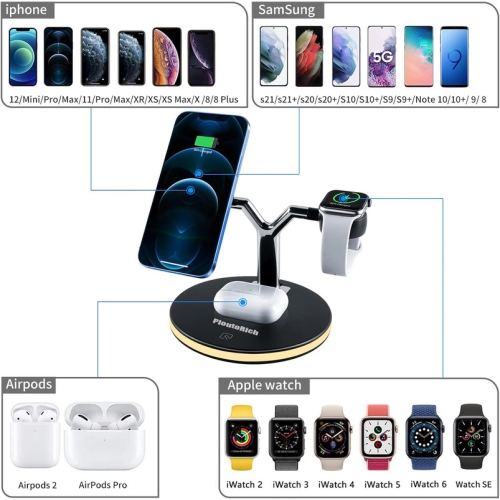 3 in 1 Mag-Safe Charger, Fast Charging Station for iPhone13/12/11/Mini/Pro/Pro Max/SE/Xs/8, Apple Watch SE/6/5/4/3/2, AirPods 2/Pro,Magnetic Wireless