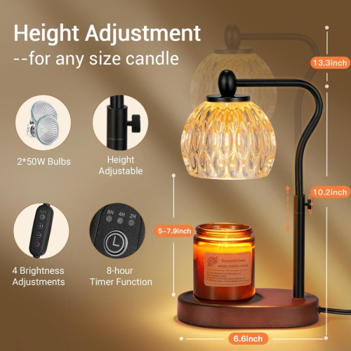 Candle Lamp with Timer & Dimmer - Height Adjustable for Scented Candles, With 2 * 50W Bulbs - Home Decor Gift for Mothers Day