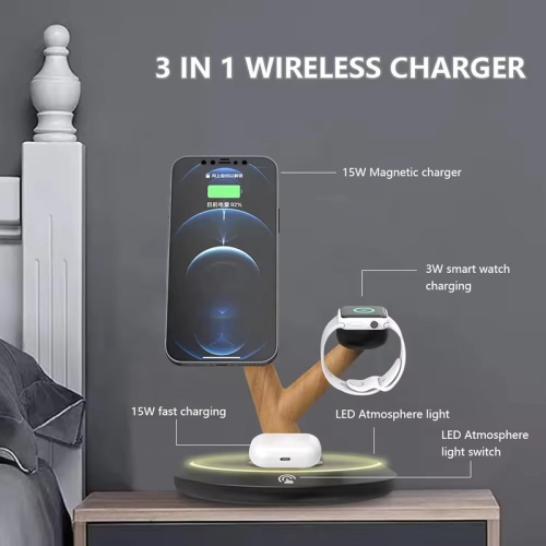 3 in 1 Wireless Charger Stand, Desktop Charging Station - 15W, Magnetically Attached Charging Pad, Automatic Induction Identification Charging