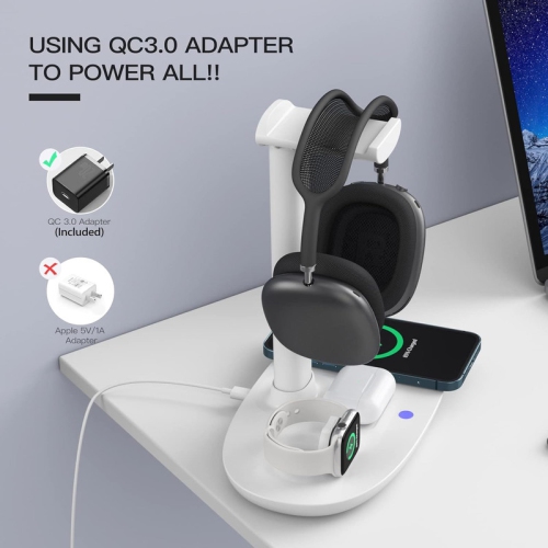 Headphone Stand with 15w Wireless Charger, Suguder 4 in 1 Charging Station Headset Holder for AirPods Max/Pro/4/3/2 iWatch 10/9/8/7/6/5/4/3/2/1/SE