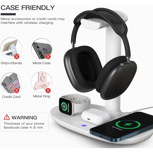 Headphone Stand with 15w Wireless Charger, Suguder 4 in 1 Charging Station Headset Holder for AirPods Max/Pro/4/3/2 iWatch 10/9/8/7/6/5/4/3/2/1/SE