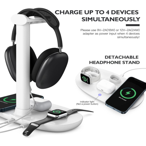 Headphone Stand with 15w Wireless Charger, Suguder 4 in 1 Charging Station Headset Holder for AirPods Max/Pro/4/3/2 iWatch 10/9/8/7/6/5/4/3/2/1/SE