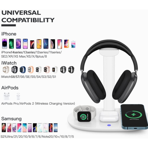 Headphone Stand with 15w Wireless Charger, Suguder 4 in 1 Charging Station Headset Holder for AirPods Max/Pro/4/3/2 iWatch 10/9/8/7/6/5/4/3/2/1/SE
