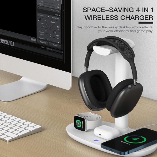 Headphone Stand with 15w Wireless Charger, Suguder 4 in 1 Charging Station Headset Holder for AirPods Max/Pro/4/3/2 iWatch 10/9/8/7/6/5/4/3/2/1/SE