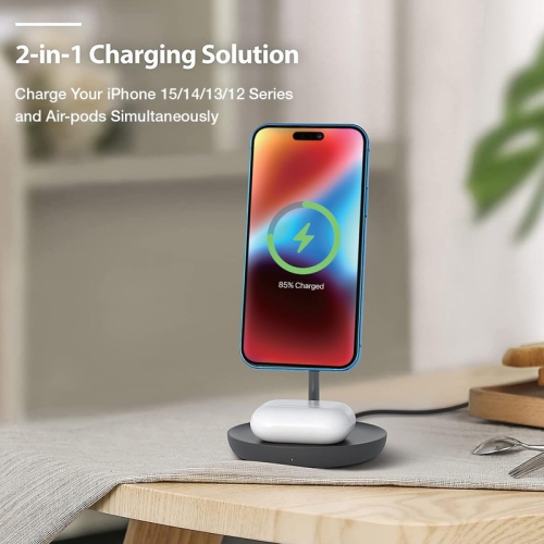 2 in 1 Magnetic Wireless Charging Stand [with Charger] Compatible with iPhone 15/14/13/12 Series/Air pods 2/3/Pro