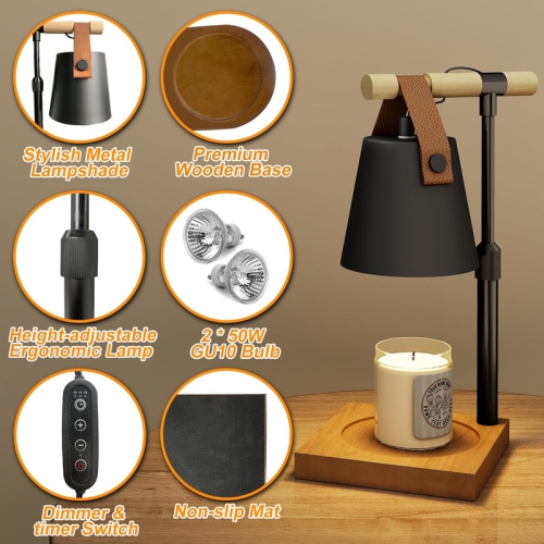 Candle Warmer Lamp, Adjustable Height Candle Warmer Lamp with Timer & Dimmer, Candle Lamp Warmer with 2 Bulbs for All Jar Candles, House Warming