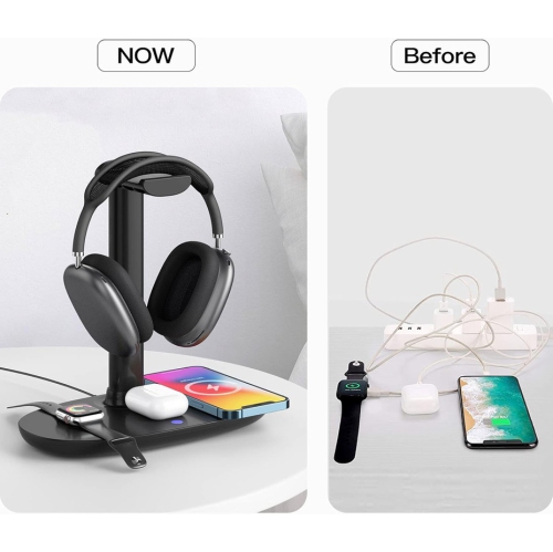 Headphone Stand with 15w Wireless Charger, Suguder 4 in 1 Charging Station Headset Holder for AirPods Max/Pro/4/3/2 iWatch 10/9/8/7/6/5/4/3/2/1/SE