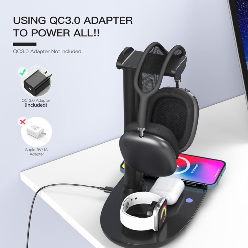 Headphone Stand with 15w Wireless Charger, Suguder 4 in 1 Charging Station Headset Holder for AirPods Max/Pro/4/3/2 iWatch 10/9/8/7/6/5/4/3/2/1/SE
