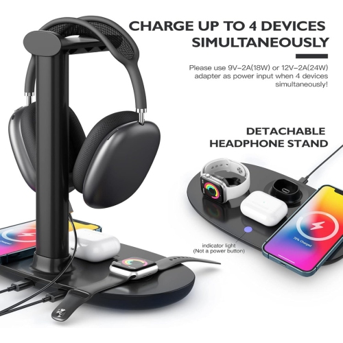 Headphone Stand with 15w Wireless Charger, Suguder 4 in 1 Charging Station Headset Holder for AirPods Max/Pro/4/3/2 iWatch 10/9/8/7/6/5/4/3/2/1/SE