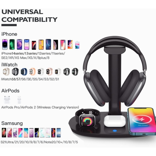 Headphone Stand with 15w Wireless Charger, Suguder 4 in 1 Charging Station Headset Holder for AirPods Max/Pro/4/3/2 iWatch 10/9/8/7/6/5/4/3/2/1/SE